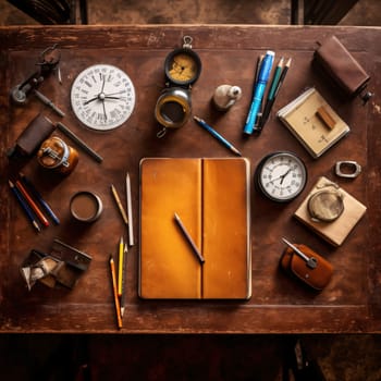 Top view of desk, watches, pens, crayons, notebook. Graphic with space for your own content.