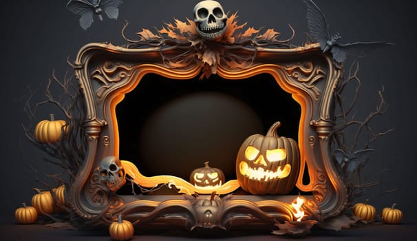 Decorated frame in the middle, space for your own content, board decorated with jack-o-lanterns. Graphic with space for your own content.