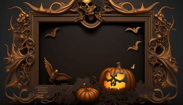 Decorated frame in the middle, space for your own content, board decorated with jack-o-lanterns. Graphic with space for your own content.