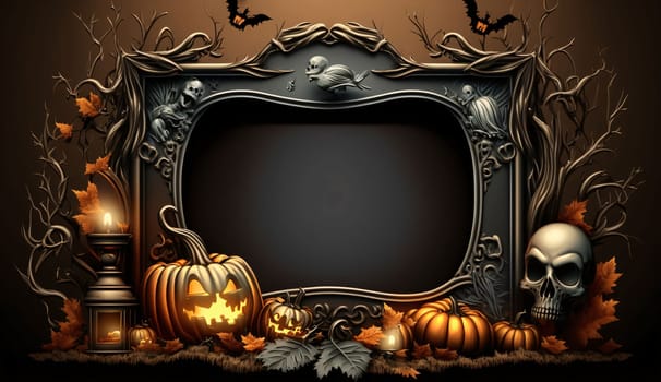 Decorated frame in the middle, space for your own content, board decorated with jack-o-lanterns. Graphic with space for your own content.