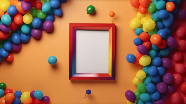 Blank field in the middle with a decorated colorful frame around colored balloons. Graphic with space for your own content.