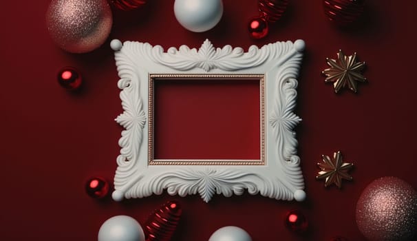 Blank in the middle with a decorated white border around it. Red background, baubles. Graphic with space for your own content.