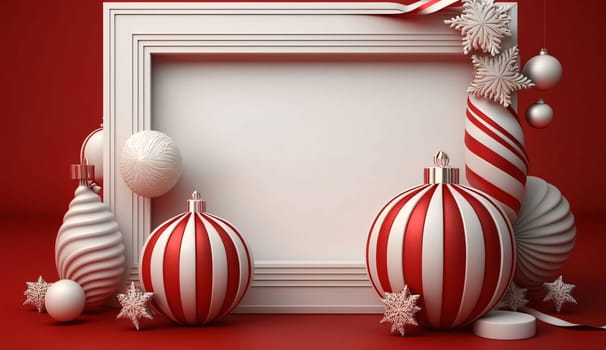 Blank in the middle with a decorated white border around it. Red background, baubles. Graphic with space for your own content.