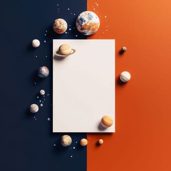 White blank card decorated with planets orange and black background. Graphic with space for your own content.