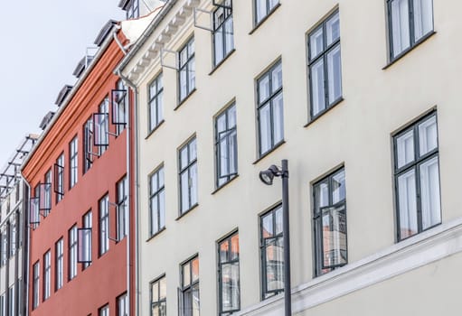 Downtown Copenhagen with old colored houses on a sunny day. Copenhagen, Denmark