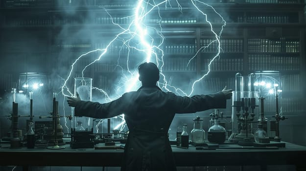 Gloomy photo - A scientist in the laboratory conducts experiments with electricityt. High quality photo