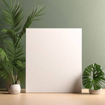 White blank card around green flower leaves underneath wooden top. Graphic with space for your own content.