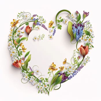 Heart arranged with colorful flowers on a white background, in the middle of the space for your own content. Graphic with space for your own content.