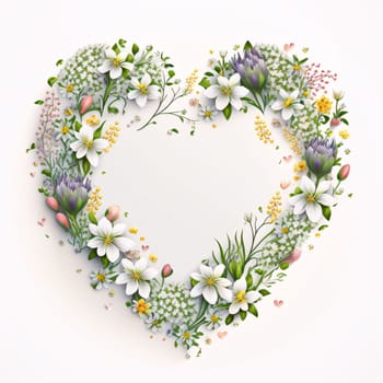 Heart arranged with colorful flowers on a white background, in the middle of the space for your own content. Graphic with space for your own content.