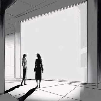 Illustration two women standing in front of a large white screen. Graphic with space for your own content.