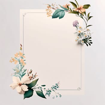 White blank card at decorated on the sides, colorful flowers with leaves. Graphic with space for your own content.