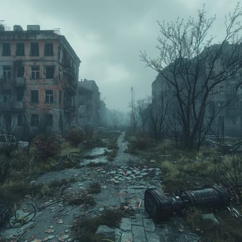 Abandoned Post Apocalypse City Street. Town is damaged by war, nuclear explosion or natural disaster. Ai generated