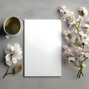 An overhead view of a blank white card with scattered flowers around it.