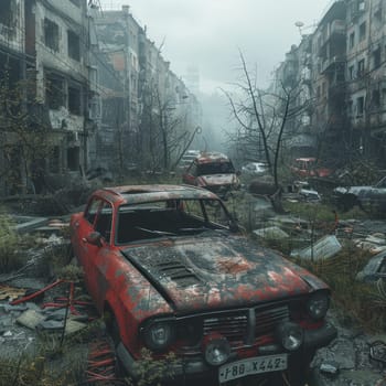 Abandoned Post Apocalypse City Street. Town is damaged by war, nuclear explosion or natural disaster. Ai generated