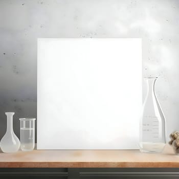 A blank white sheet of paper placed on a wooden table, surrounded by chemical dishes.