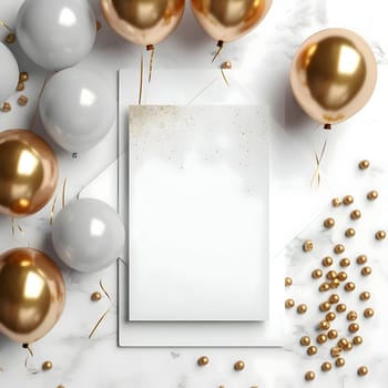 A white sheet of paper, blank and pristine, adorned with gold and white balloons in a joyful celebration.