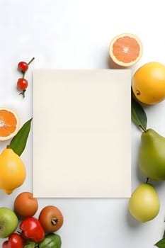 A white sheet of paper, blank and pure, surrounded by a vibrant assortment of fruits.