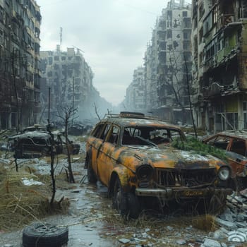 Abandoned Post Apocalypse City Street. Town is damaged by war, nuclear explosion or natural disaster. Ai generated