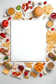 A clean white sheet, an empty canvas, encompassed by a tempting array of French fries and delectable fast food treats.