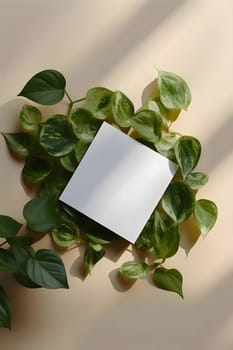 A blank white sheet of paper sits peacefully on a wooden table, adorned with vibrant green plants all around.