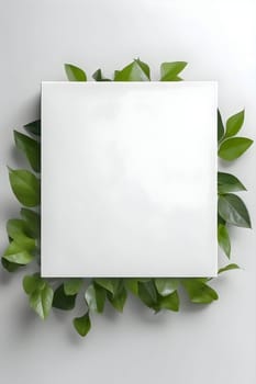 A white card with a blank sheet of paper stands against a backdrop of lush green leaves.