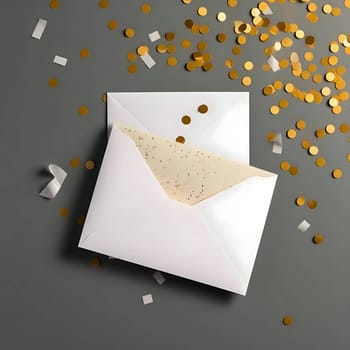 Two white envelopes rest on a smooth gray background, surrounded by a joyful shower of golden confetti.