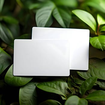 A white card with a blank sheet of paper stands against a backdrop of lush green leaves.