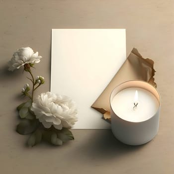 A white sheet, a blank piece of paper, accompanied by a flickering candle and a delicate flower.