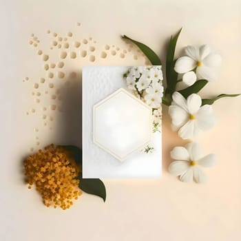 A pristine white sheet, a blank canvas, adorned with a cube, encircled by delicate white flowers.