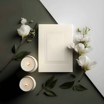 A white sheet, a blank piece of paper, accompanied by a flickering candles and a delicate flower.