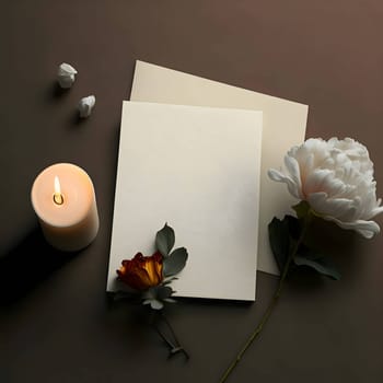 A white sheet, a blank piece of paper, accompanied by a flickering candle and a delicate flower.