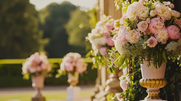 Wedding decoration with peonies, floral decor and event celebration, peony flowers and wedding ceremony in the garden, English country style