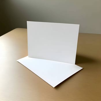 Two white blank sheets of paper resting on a rustic wooden table.