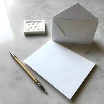 A white sheet of paper, a blank page, accompanied by a copier and a traditional writing quill.