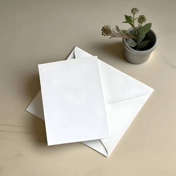 A white sheet of paper, a blank page, accompanied by an envelope and a potted flower.