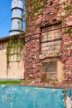 Textured view of an abandoned industrial building in Warsaw, Indiana, showcasing decay, a rustic silo, and overgrown vines.