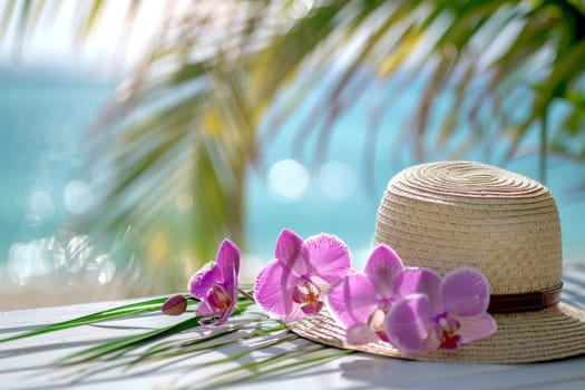 A hat is placed on a table next to a bunch of purple flowers. The scene is set on a beach, with the ocean in the background