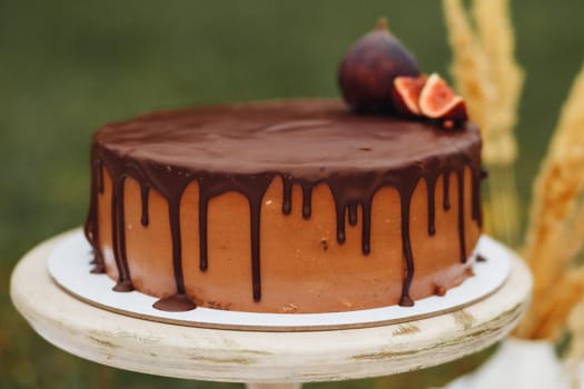 A rich chocolate cake topped with luscious figs, creating a harmonious blend of flavors and textures.