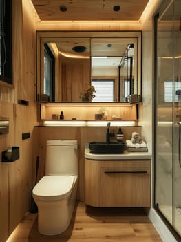 A bathroom with a wooden floor and a shower stall. The shower stall has a black stone and a vase with flowers