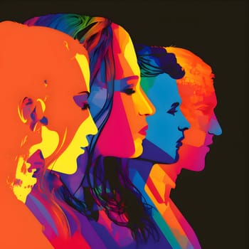 Colorful silhouettes of four people, each representing a different color of the LGBT flag, coming together in unity and solidarity.