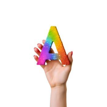 An isolated hand holding a rainbow letter "A" on a white background, representing the LGBTQIA community's inclusivity and diversity.