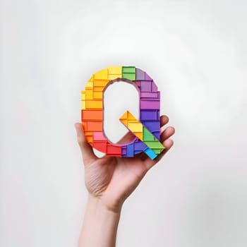 An isolated hand holding a rainbow letter "Q" on a white background, representing the LGBTQIA community's inclusivity and diversity.