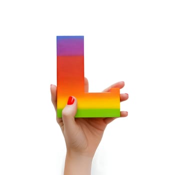 An isolated hand holding a rainbow letter "L" on a white background, representing the LGBTQIA community's inclusivity and diversity.