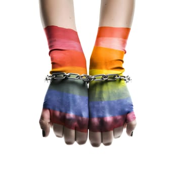 Hands in the colors of the LGBT symbol, entwined with a chain, symbolizing unity, solidarity, and support within the LGBTQ+ community.