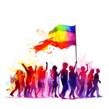 Illustration of a diverse group of people holding a rainbow LGBT flag, symbolizing unity, love, and support for the LGBTQ+ community.