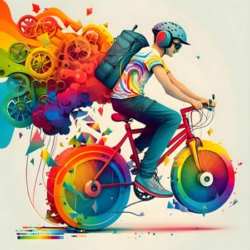 Illustration of a child happily riding a bicycle with rainbow LGBT colors, symbolizing inclusivity and support for the LGBTQ+ community.