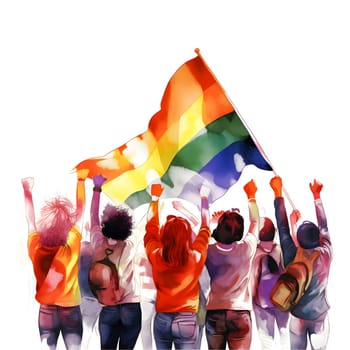 Illustration of a diverse group of people holding a rainbow LGBT flag, symbolizing unity, love, and support for the LGBTQ+ community.