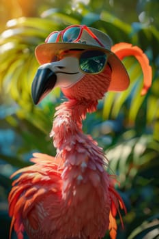 A cartoon flamingo wearing a hat and sunglasses. The flamingo is smiling and looking at the camera