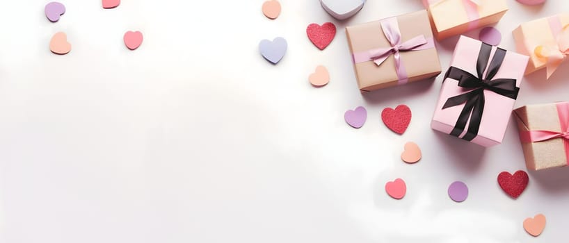 Top view of gifts with pink bows and colorful hearts.Valentine's Day banner with space for your own content. White background color. Blank field for the inscription. Heart as a symbol of affection and love.