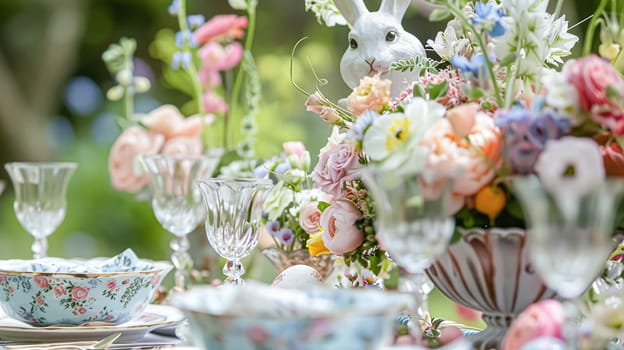 Easter tablescape decoration, floral holiday table decor for family celebration, spring flowers, Easter eggs, Easter bunny and vintage dinnerware, English country and home styling